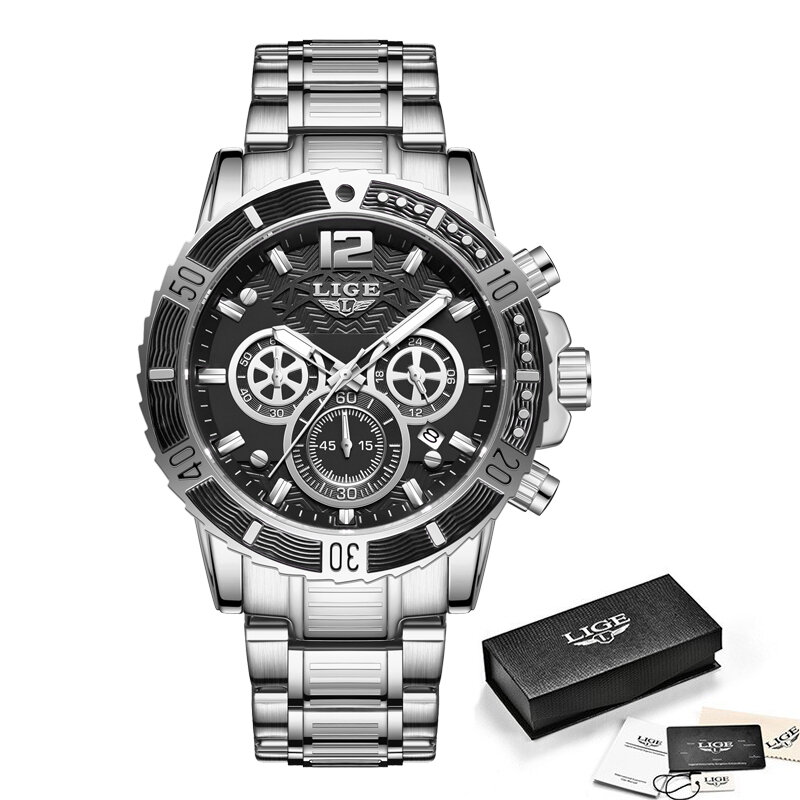 LIGE 패션 남성용 방수 풀 스틸 시계, 럭셔리 오리지널 쿼츠 시계, 스포츠 밀리터리 손목 시계, 신제품