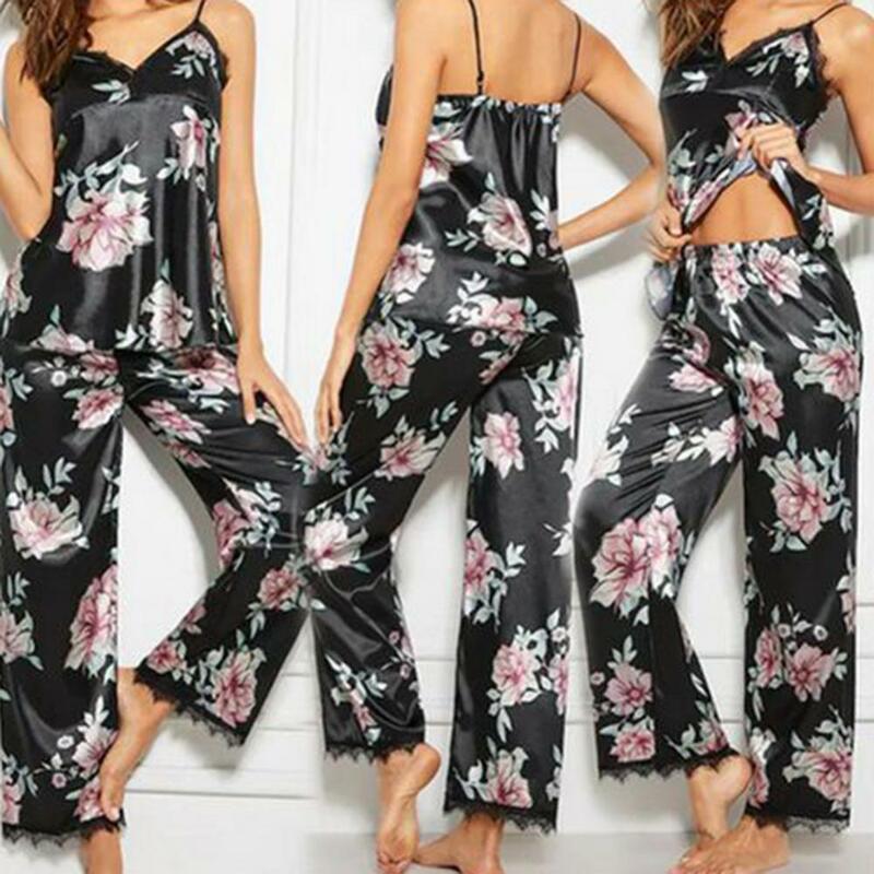 Conjunto de pijama estampado floral feminino, decote em v, colete renda, calças compridas, roupa de dormir, vestidos noturnos, sexy, verão, 2 peças