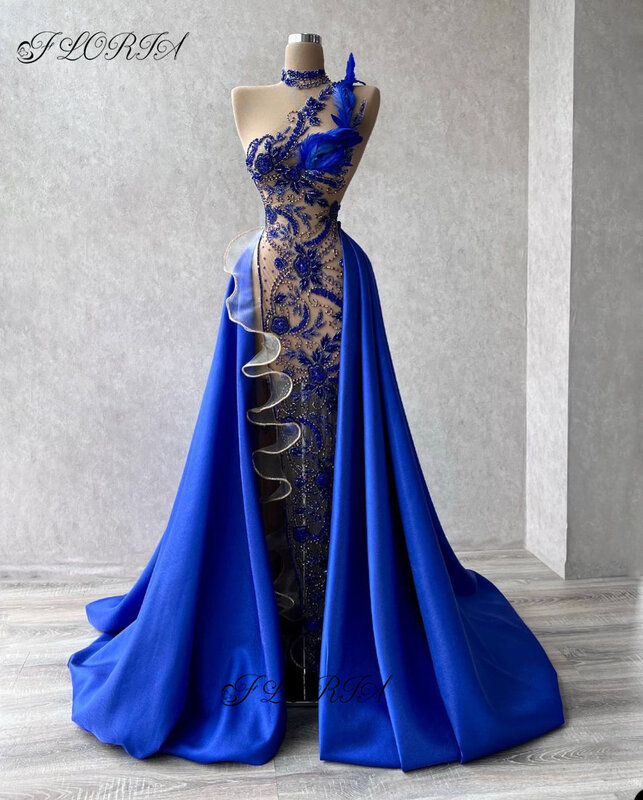Exquisite Royal Blue Formal Evening Dresses With Overskirt فساتين Dubai Beaded Crystal Party Dress Custom Made Vestidos De Noche