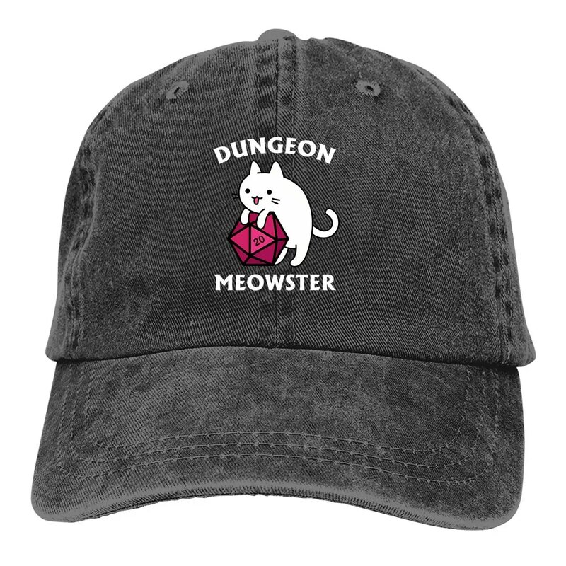 Washed Men's Baseball Cap Dungeon Meowster Cat With D20 Trucker Snapback Cowboy Caps Dad Hat DnD Game Golf Hats