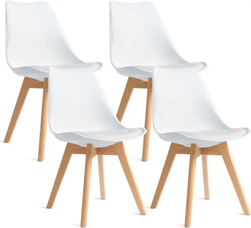 Set moderno bianco, sedia a conchiglia con gambe in legno per cucina, pranzo, soggiorno-Set da 4, confezione da 4
