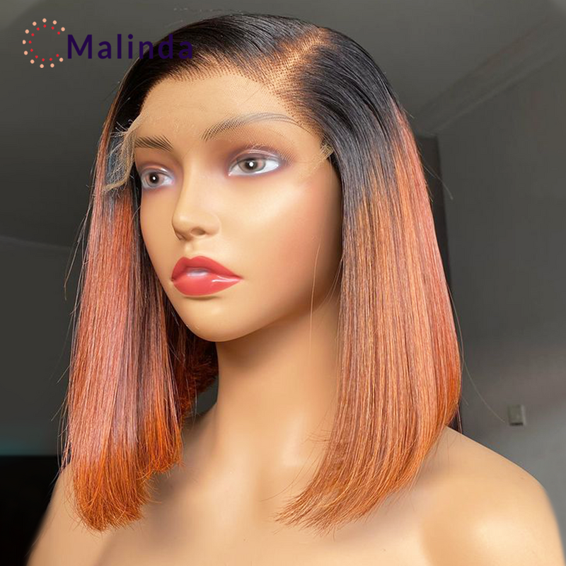 Ombre Ginger Orange Short Bob 13x4 Glueless Lace Front parrucche per capelli umani parrucche frontali in pizzo trasparente Bob dritto per le donne