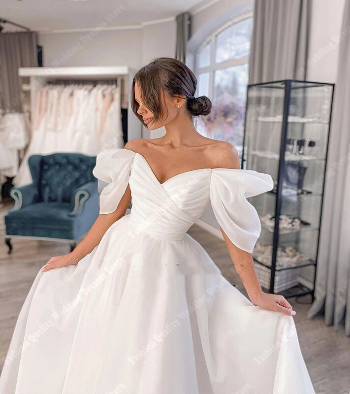 Simple Style Shining Tulle Wedding Dresses Backless Bridal Gowns For Formal Party Newest Off The Shoulder Floor Mopping Vestidos