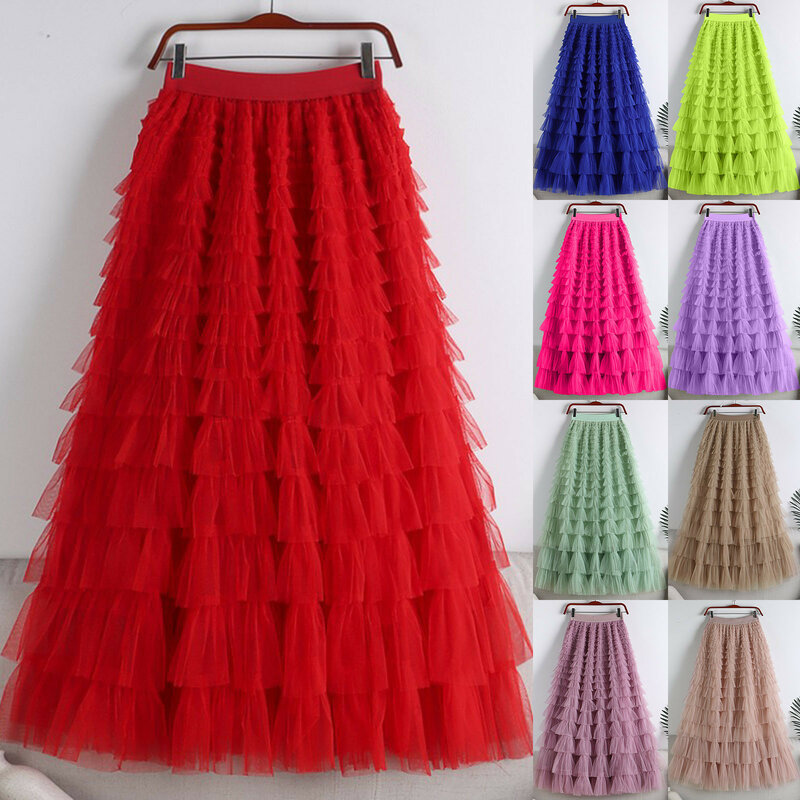 Casual Womens Solid Ball Gown Long Skirt Tulle High Waist Pleated Elegant Ladies Wild Mesh Dating Maxi Skirts Drop