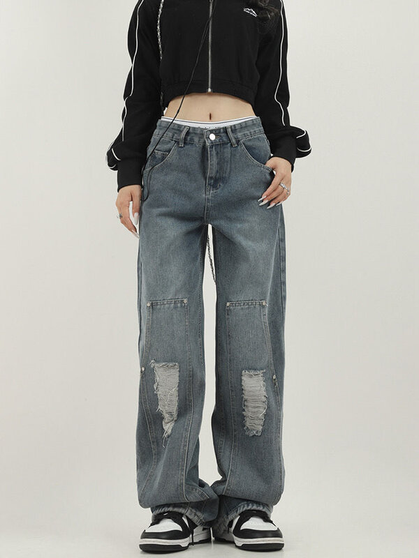 Fori Patchwork da donna Design Jeans estivi a gamba larga Young Girl Street Style pantaloni larghi pantaloni Casual Vintage pantaloni femminili