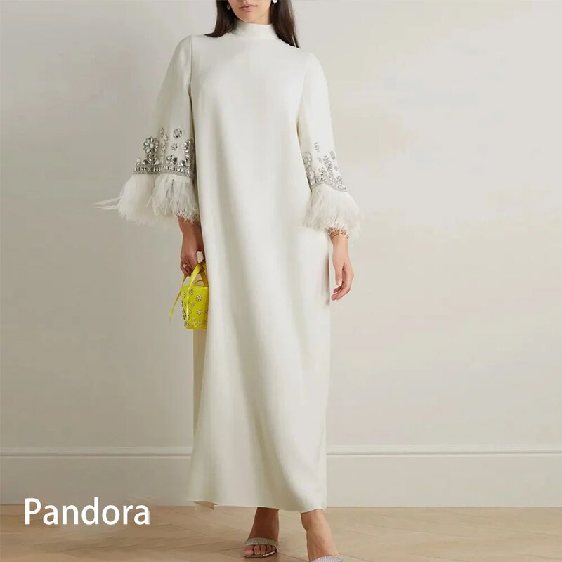 Pandora-فستان سهرة رسمي أنيق للنساء ، رقبة عالية ، أكمام طويلة ، ريش ، كريستال ، مستقيم ، بطول الكاحل ، حفلة مأدبة