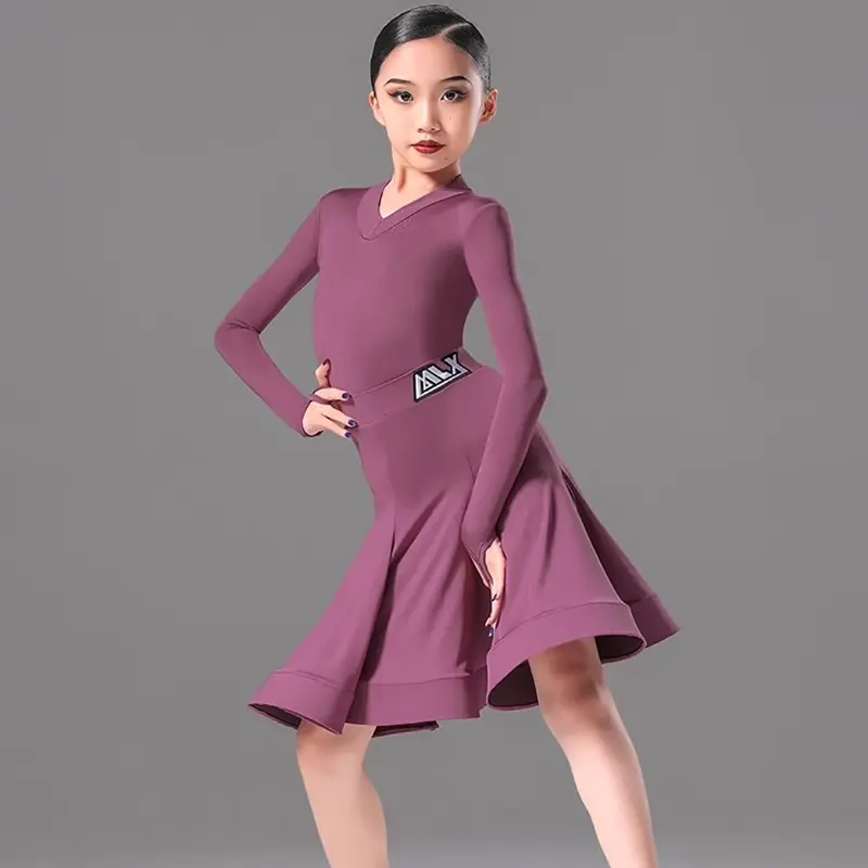 Kinder Fingerring Langarm V-Ausschnitt Design Kinder Latin Tanz kleid für Mädchen Kleider Wettbewerb Gesellschaft stanz Kostüm