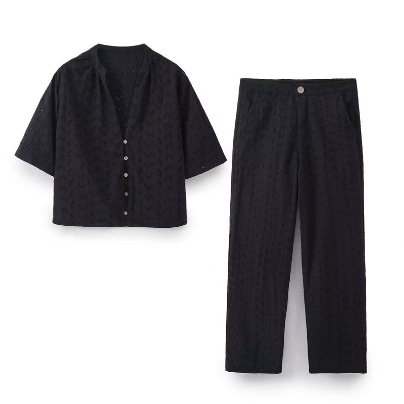 Blusa retrô bordada de manga curta e calça reta de cintura alta feminina, camisa de colarinho fashion, terno de duas peças, 2024