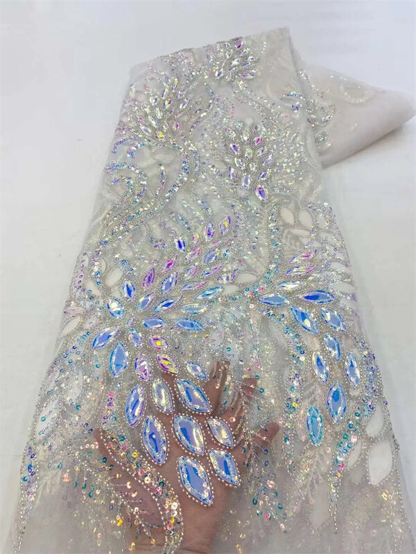 Tissu de dentelle de tulle perlé pour la couture, paillettes africaines, broderie française, robes de soirée de luxe, haute qualité, 2024