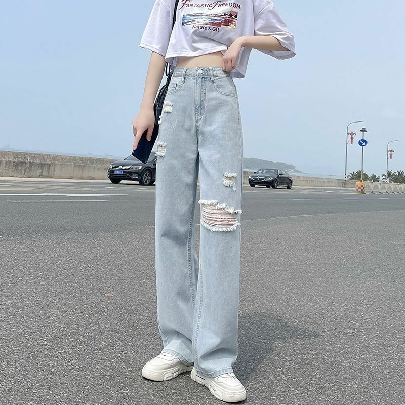 Рваные джинсы для женщин, Новинка весна-лето 2024, корейский вариант, прямые свободные штаны с высокой талией для похудения