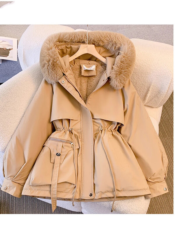 2024 Cotton Padded Hodded Fur Parka Winter Drawstring Down Coats Warm Thicken Long Windbreaker Zipper Outerwear Women