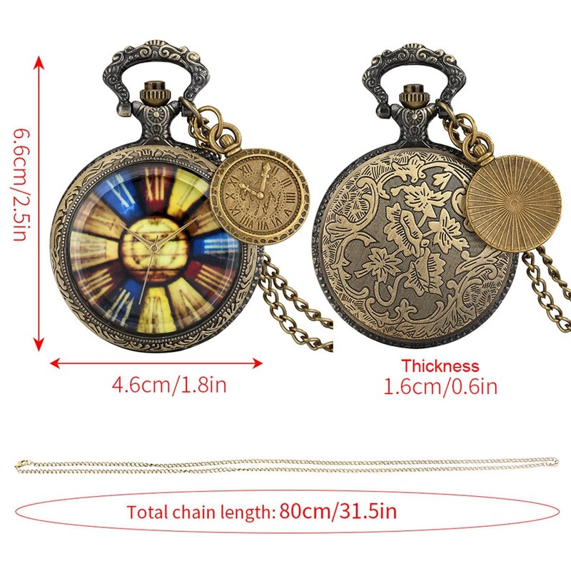 New Fashion Glass Cover Colorful Rome Bronze Quartz Pocket Watch Necklace Retro Roman Numbers Pendant Clock reloj with Accessory
