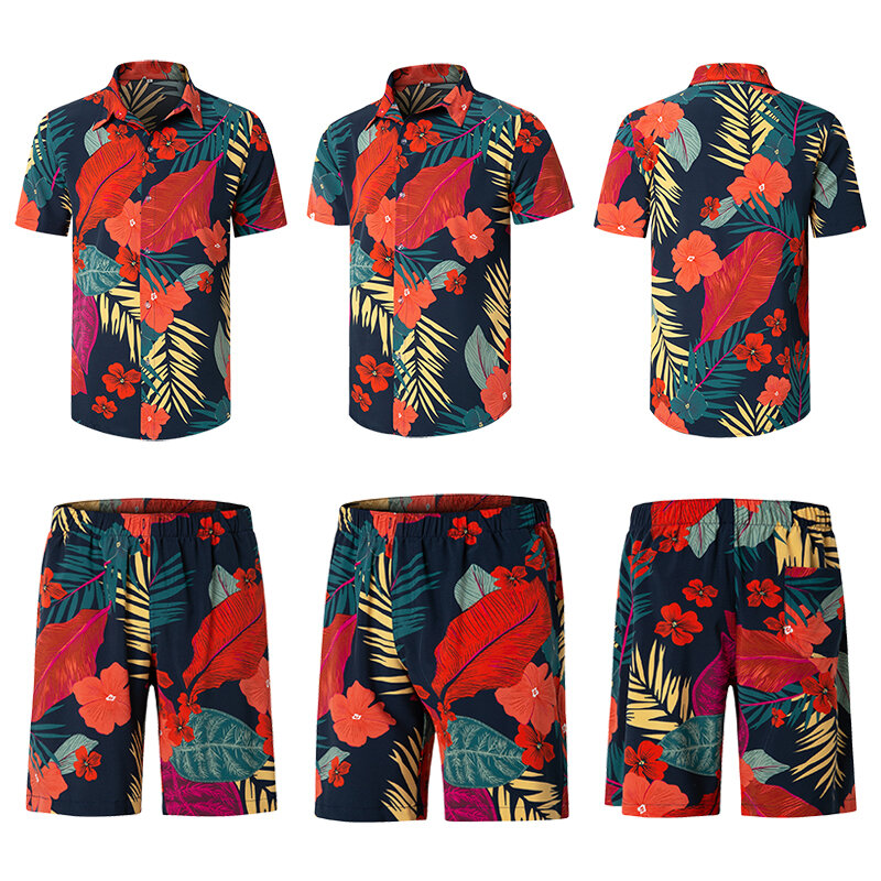 Summer Oversize Streetwear Hiwaiian Suit Flip Collar Button Short Sleeve Shirt and Shorts Set Fashion Men Beach Casual 2 Piece