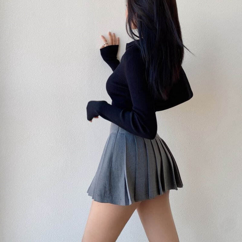 Deeptown-Mini jupe plissée fendue pour femme, style preppy gris sexy, slim, décontractée, taille haute, couleur unie, courte, mode estivale
