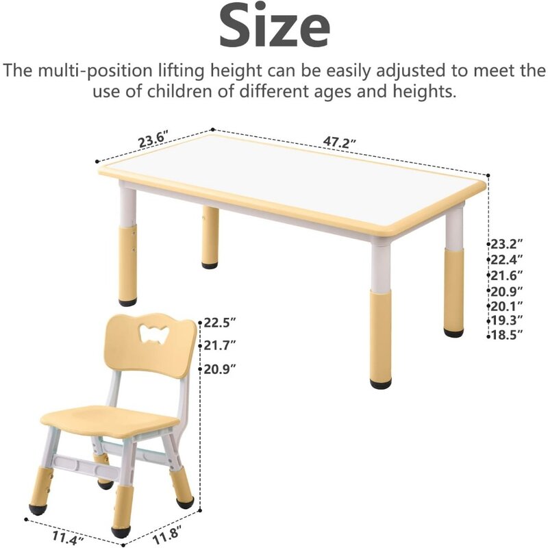Zestaw stół i krzesło dla dzieci odpowiedni do regulowanych stołów natryskowych w wieku 2-12 lat, wyposażony w 6 miejsc (kolor drewna)