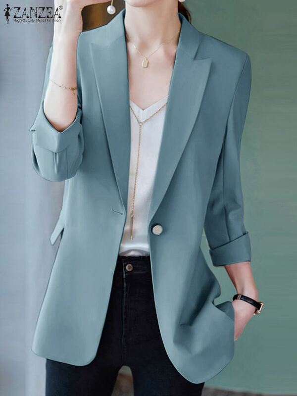 Женский винтажный Блейзер ZANZEA сезона 2023 года, осенняя верхняя одежда с отворотом и рукавом 3/4, модная женская элегантная Однотонная рубашка в офисном стиле