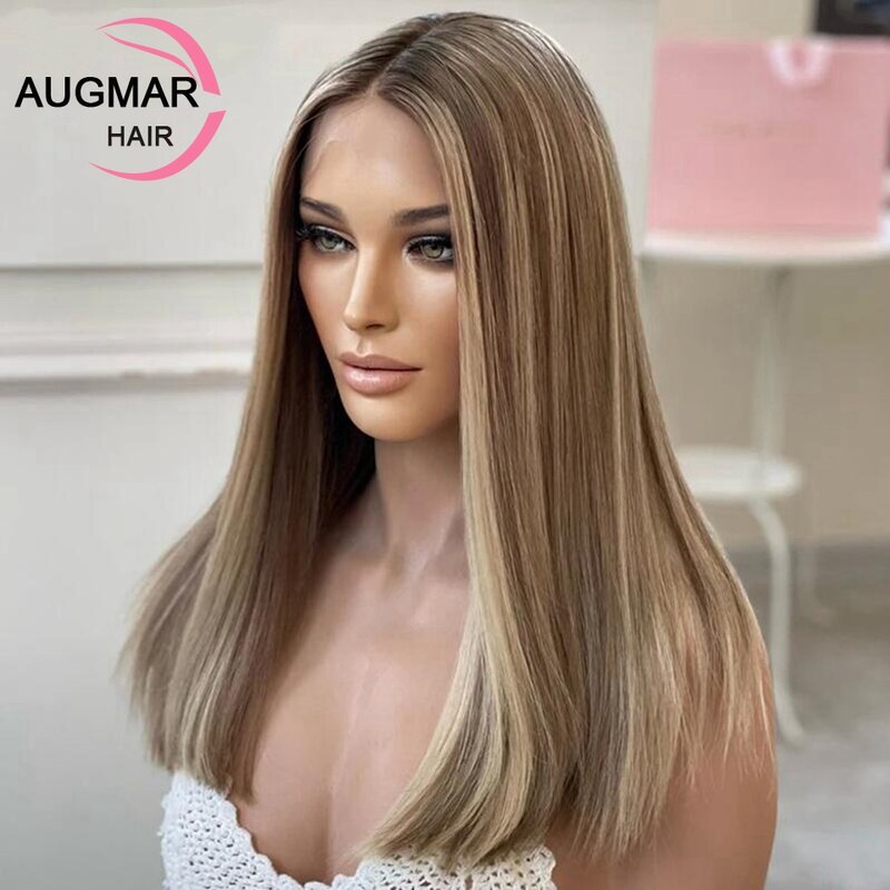 Silk Top Ash Blonde Highlight Wig HD 13x4 Short Straight Lace Front Wigs Human Hair Preplucked Glueless Silk Base Lace Front Wig