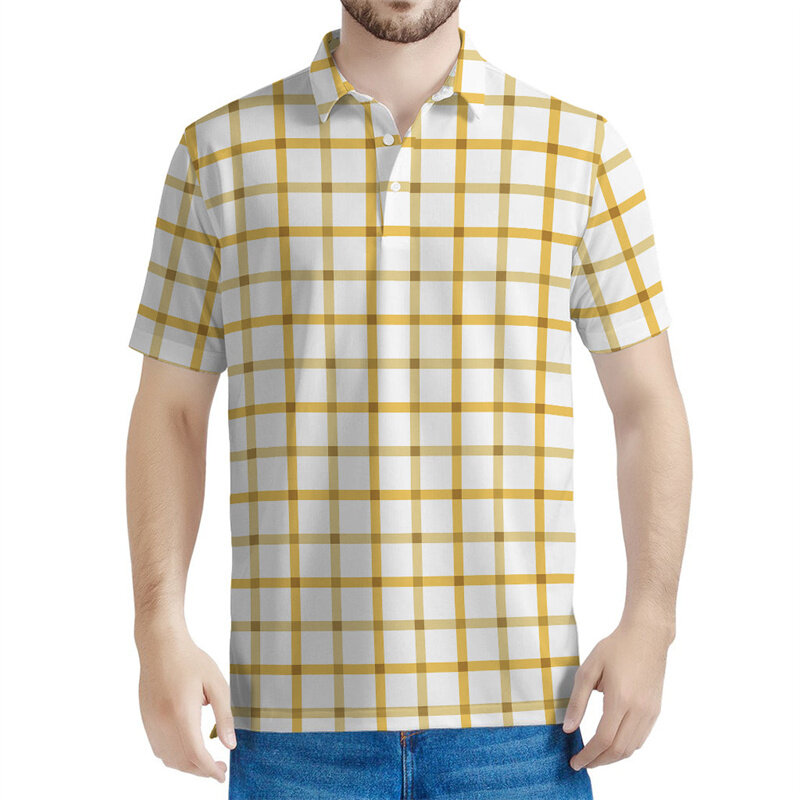 男性用のクラシックな市松模様のポロシャツ,3DプリントのストライプのTシャツ,特大のトップス,半袖,ラペルシャツ,ストリート,夏
