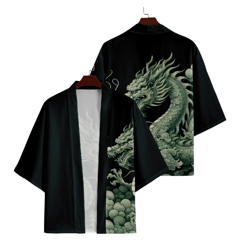 Cardigan imprimé dragon pour hommes et femmes, Streetwear japonais, Mode, Noir, Kimono de plage, Été, Noir, Haori, MiHarajuku, Y-Wear