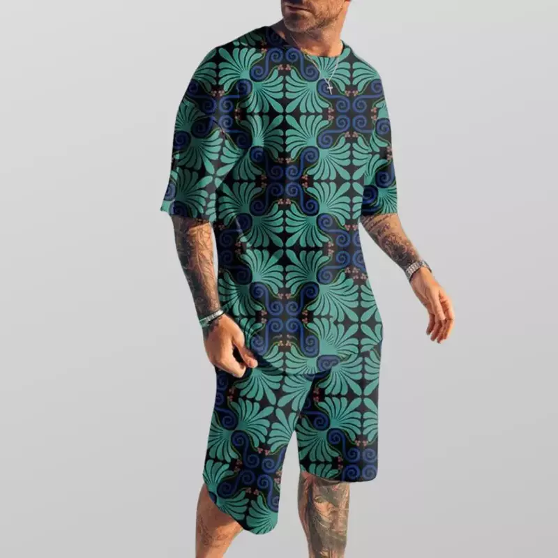 Camiseta retrô estilo praia 3D e shorts para homens, agasalho, roupas extragrandes, terno fashion, conjunto de duas peças, verão, 2024
