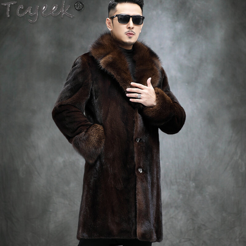 Tcyeek-Veste en fourrure véritable pour hommes, manteau mi-long, fourrure de vison entier naturel, haute qualité, mode masculine, zones de luxe, vêtements d'hiver