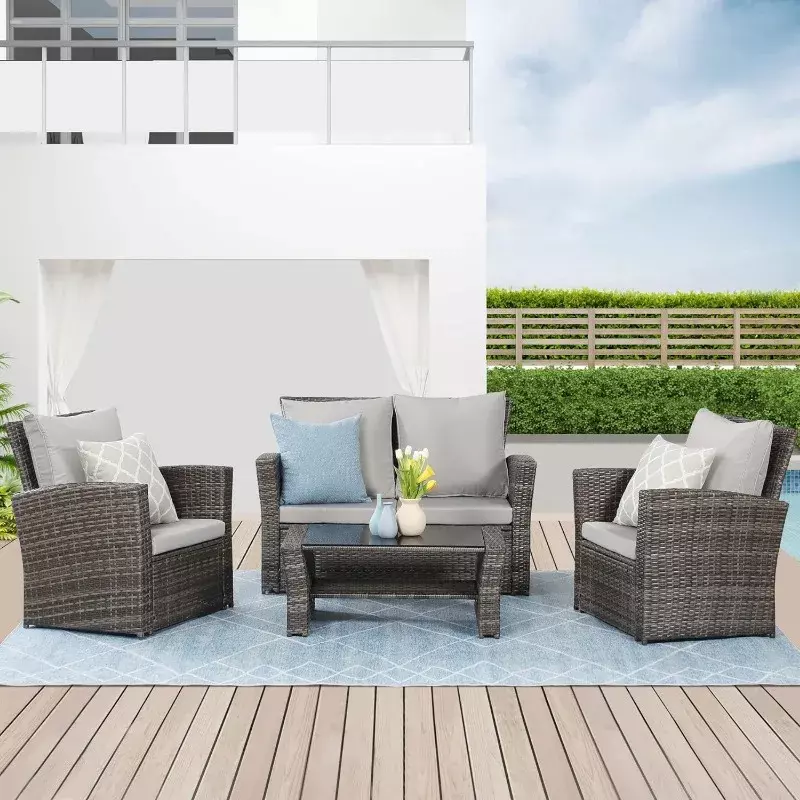 Conjuntos de móveis ao ar livre do pátio, conversa de vime para varanda, cinza e marrom Rattan sofá e cadeira com almofada, 4 PCs