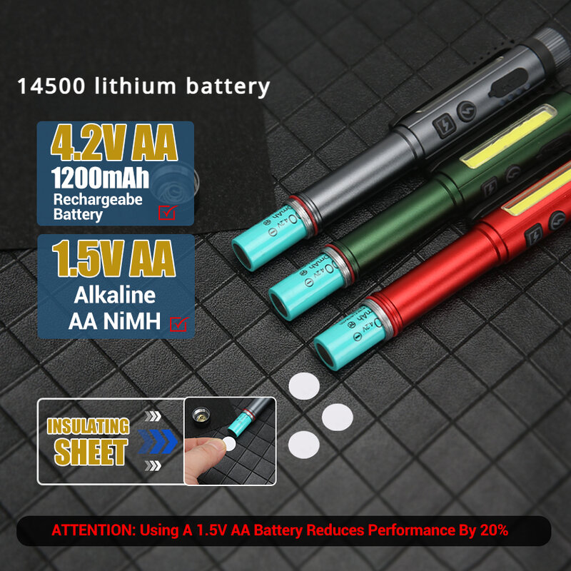 Mini Lanterna LED com 14500 Bateria De Lítio, Carregamento Tipo-C, Grande Capacidade, Irradiação Longa Resistência, 1200 mAh