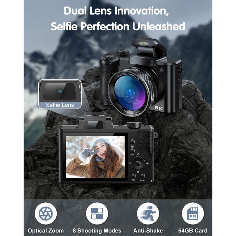 5k Digital kamera für die Fotografie, 64mp Autofokus Vlogging Kamera für Youtube mit Selfie-Objektiv, 5x optischer Zoom, Videokamera wi