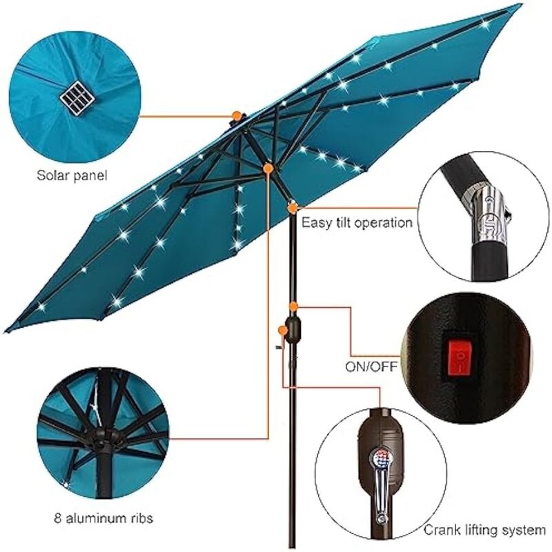 Blissus 9 ft ombrello solare 32 LED illuminato ombrellone da tavolo mercato ombrello inclinazione e manovella ombrellone da esterno giardino (Cerulean)