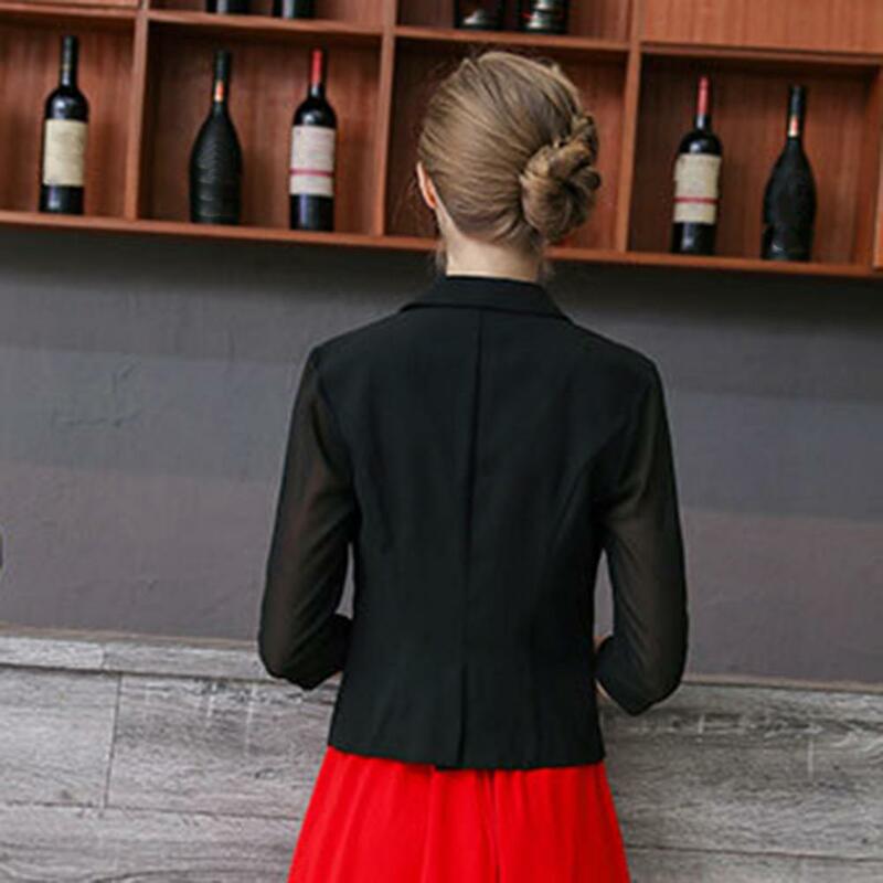 Lapel Chiffon 3/4 Sleeve Cropped Blazer for Women Single Button Slim Lightweight Women Blazer Small Suit Coat Workwear