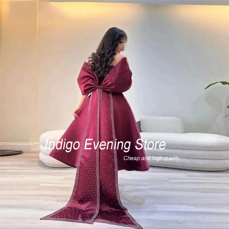 Indig Prom Dress A-Line Off The Shoulder Satin Ankle-Length Bow Pleat Beading Formal Party Evening Gown For Women فساتين السهرة