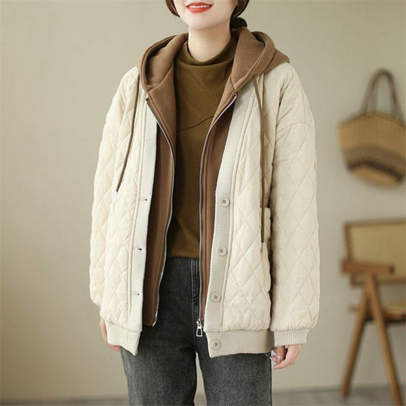 Chaqueta de algodón con capucha para mujer, abrigo holgado de gran tamaño, dos piezas falsas, de un solo pecho, Z4935, otoño e invierno, novedad de 2024