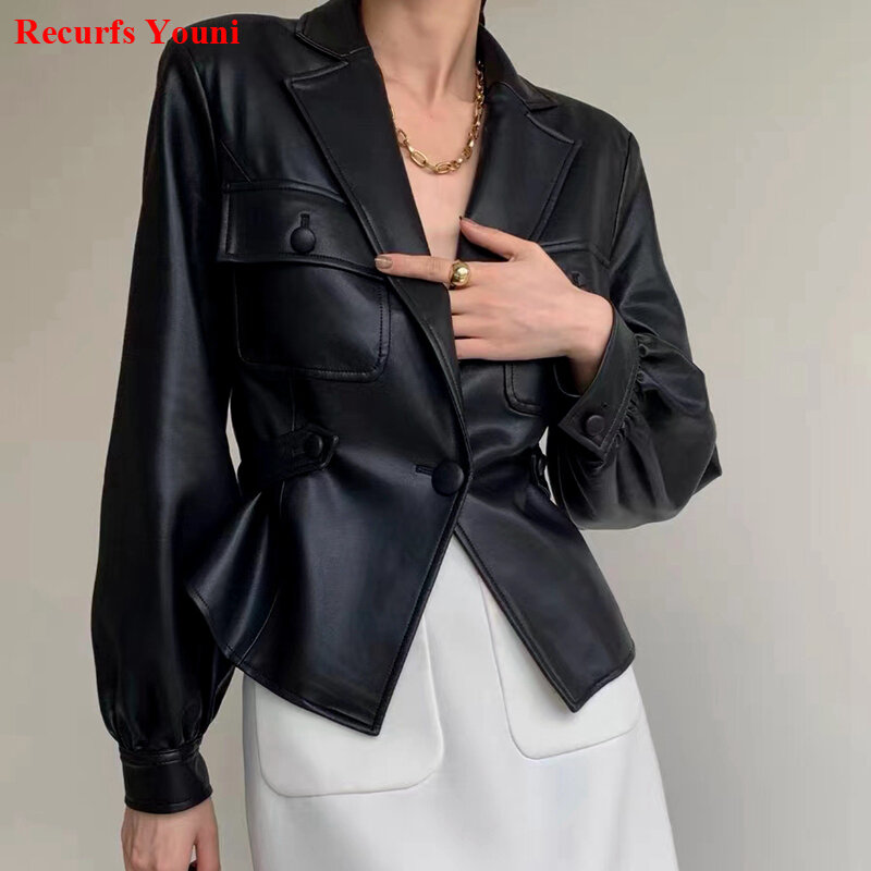 Jaqueta de couro fina para mulheres, colarinho de terno, um botão, cintura fina, bolso, casaco feminino, primavera, 2023