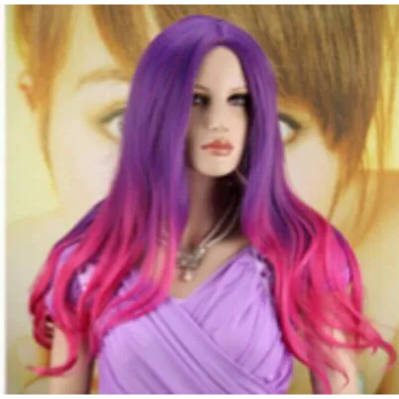 여성용 긴 내열성 가발, 곱슬 물결 모양, 보라색 및 핑크 머리, 코스프레 파티 전체 가발