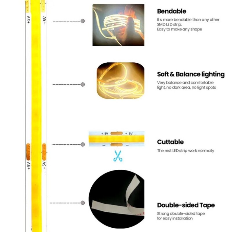 Bande Lumineuse LED COB Flexible avec Adhésif, Éclairage Linéaire Haute Densité, 320 K/3000K/4500K, 5V, USB, 8mm de Largeur, 6500