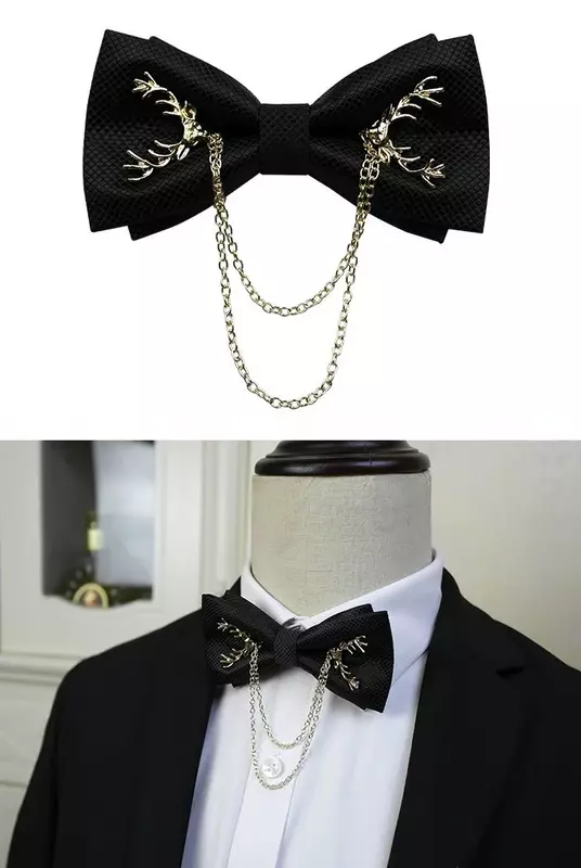 British Men's Wedding Bow Tie Solid Color Deer Head Chain Double Layer Korean Business Banquet Cocktail Party Suit Groom Bowtie