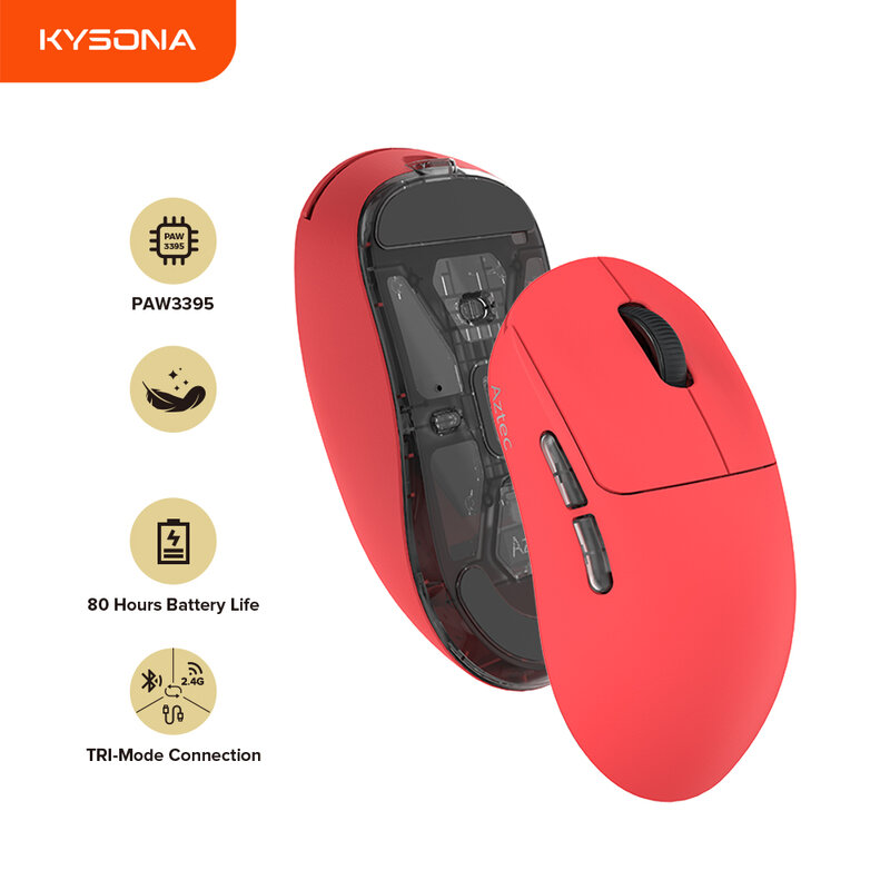 Kysona-Mouse para jogos sem fio vermelho asteca, ultra leve, 26000DPI, 6 botões, 90 milhões ópticos, computador, laptop, PC, PAW3395, 55g
