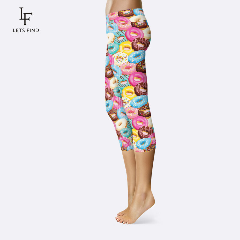 Mulheres verão estilo colorido donuts impressão digital de cintura alta calças capri meados de bezerro 3/4 leggings estiramento