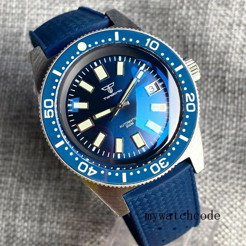 Tandorio 41mm 62mas azul dial pt5000 nh35a automático 300m mergulho relógio masculino ar abobadado safira cristal cerâmica moldura verde lume