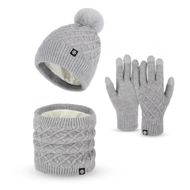 Hat Scarf Gloves three-piece Winter women's Padded Outdoor Warm Windproof Wool Ball Knit Hat three-piece Set Free Shipping