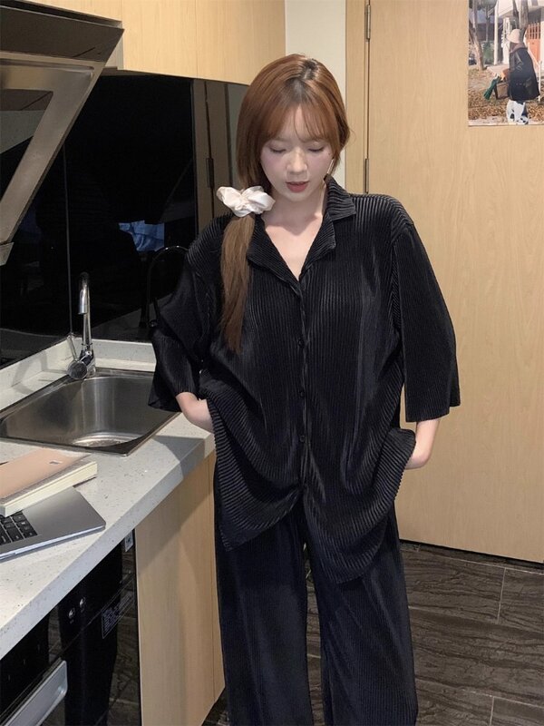 Модный высококачественный Шелковый Пижамный костюм TXii, новинка весны-лета 2024, женская простая черная драпированная Домашняя одежда большого размера на весну