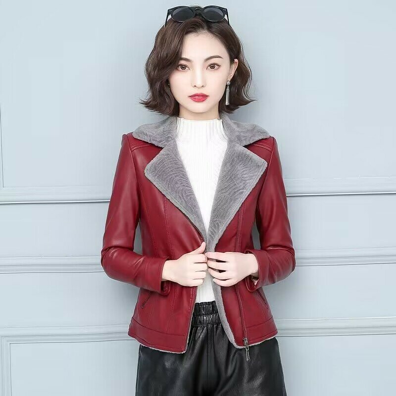 2023 zimowy nowy damski polar krótka skórzana płaszcz koreański styl Slim Fit ciepła skórzana kurtka moda jednolity kolor nieformalne okrycie wierzchnie