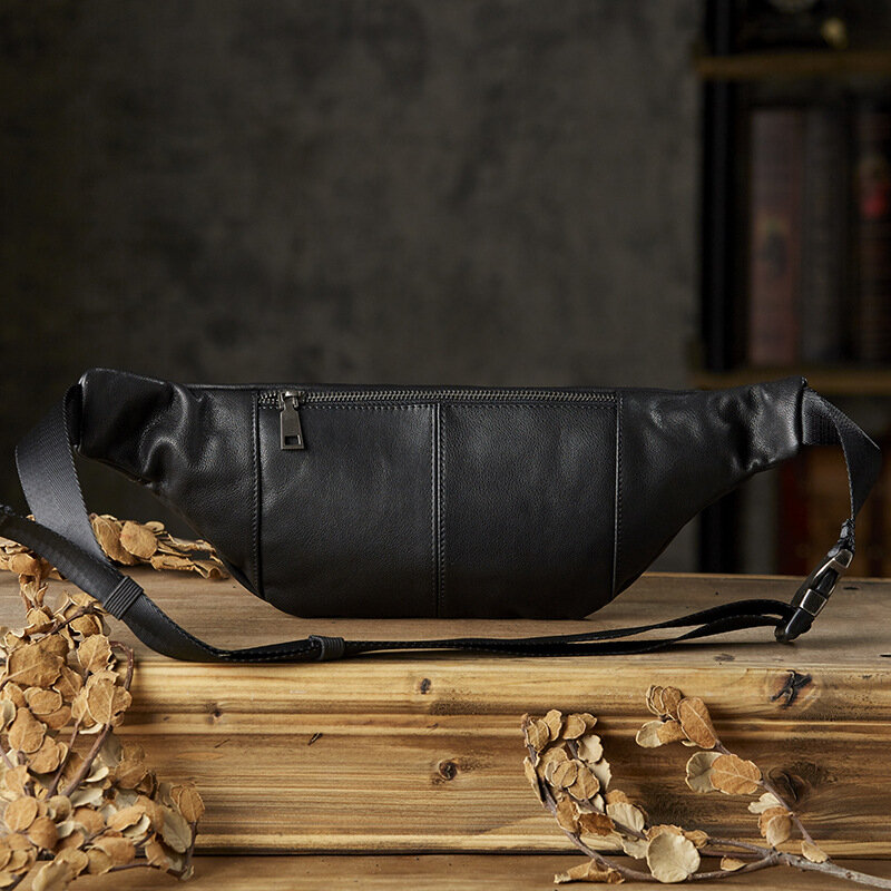 High Quality Cowhide Men's Waist Bag Black Genuine Leather Fanny Chest Pack Belt Bag Male Daily Waist Bag For Phone Pouch