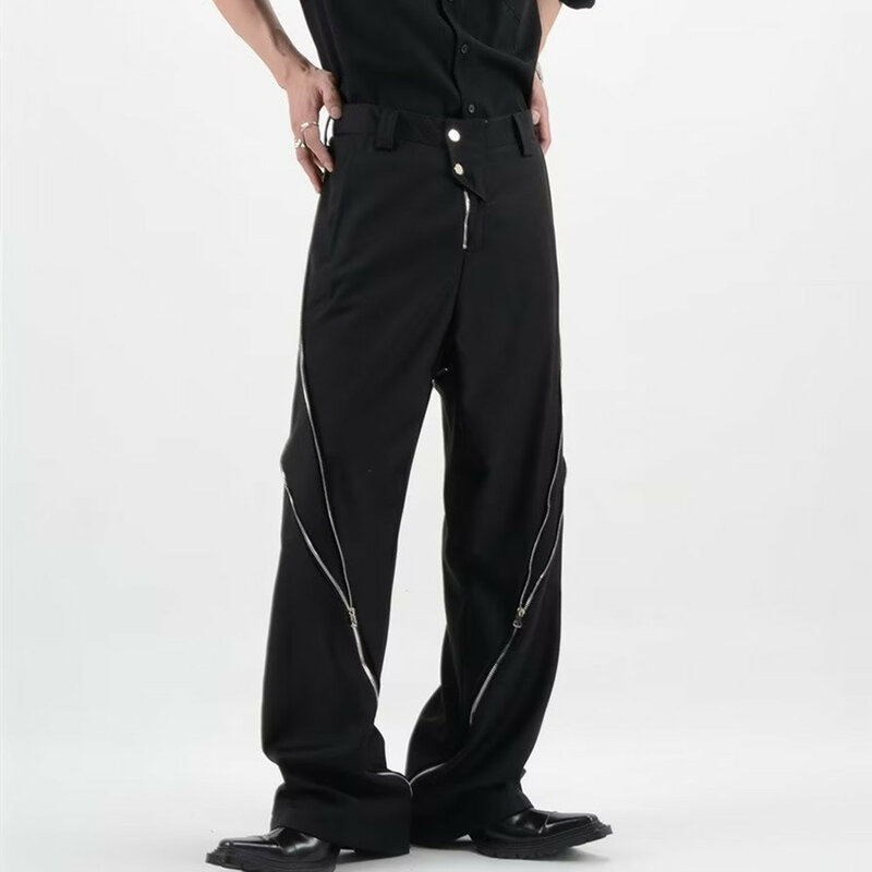 Calça de zíper preto masculina ligeiramente queimada, sensação vertical, calça casual reta, calça vintage, design Kpop, moda americana