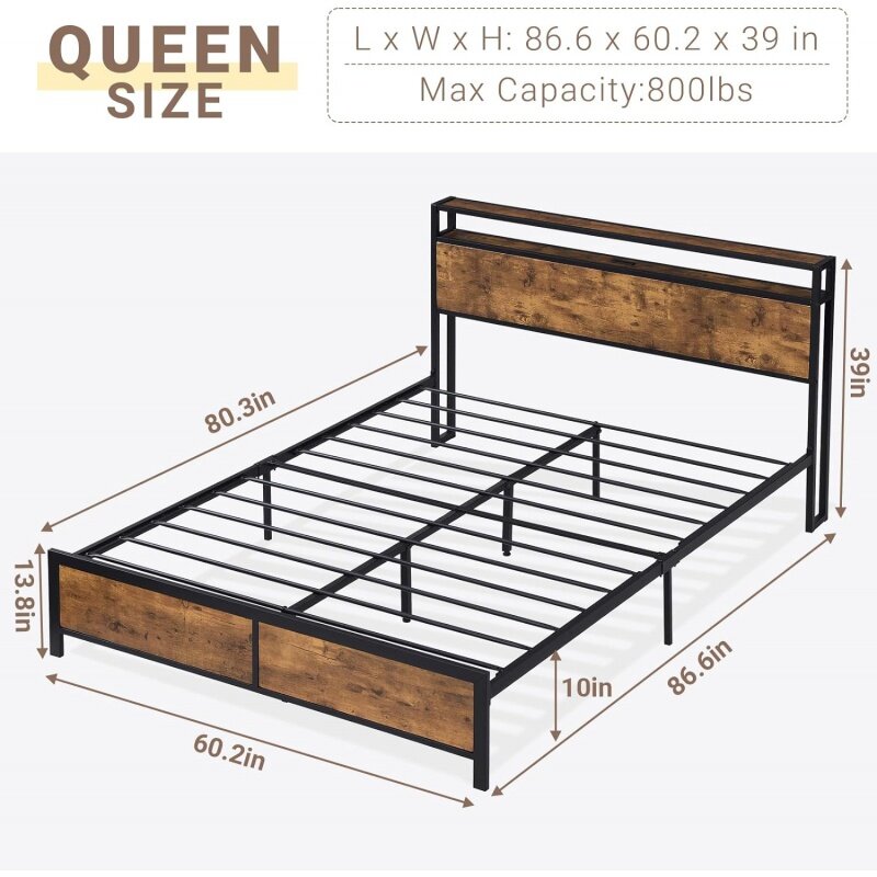 Cadre de lit Queen avec bande lumineuse LED RVB, planche de sauna de rangement avec USB intégré et station de charge de prise électrique, Queen-S
