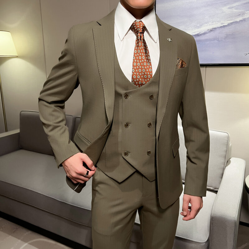 Setelan kostum pria, jaket + rompi + celana mode bisnis untuk pernikahan, Blazer pria 3 potong