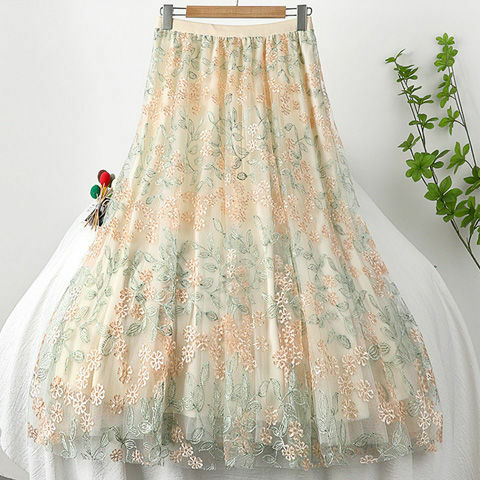 Falda bordada de gasa para mujer, Falda plisada de cintura alta, larga y grande, primavera y verano
