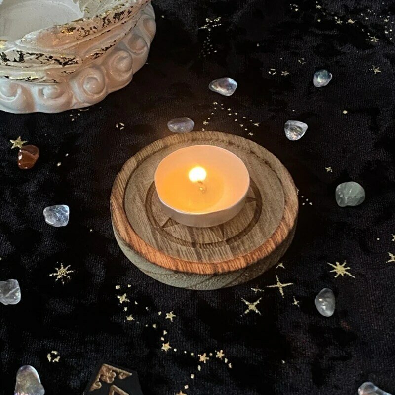 Astrologi pentagram tempat lilin meja, tempat lilin piring pentacle daun lilin kayu