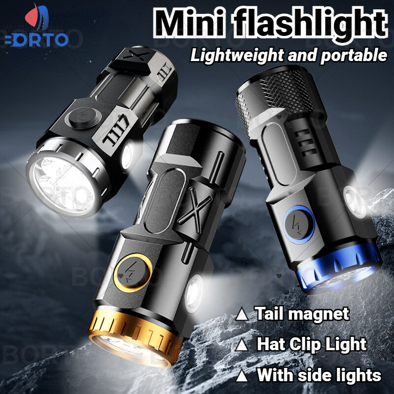 Torcia a LED ad alta potenza Mini torcia portatile ricaricabile USB lanterna da pesca da campeggio all'aperto con luci laterali e magnete posteriore