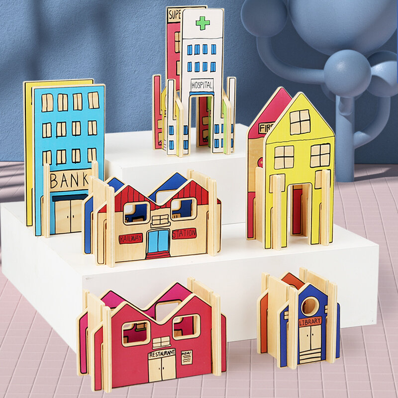 ウォルフトハウスゲーム木製村建設都市ビルディングブロック3D建築パズルセット子供用
